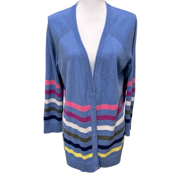 Talbots Girlfriend Striped Blue Cardigan Sweater V-Neck Hip Length Size 1X NWT - Picture 1 of 16